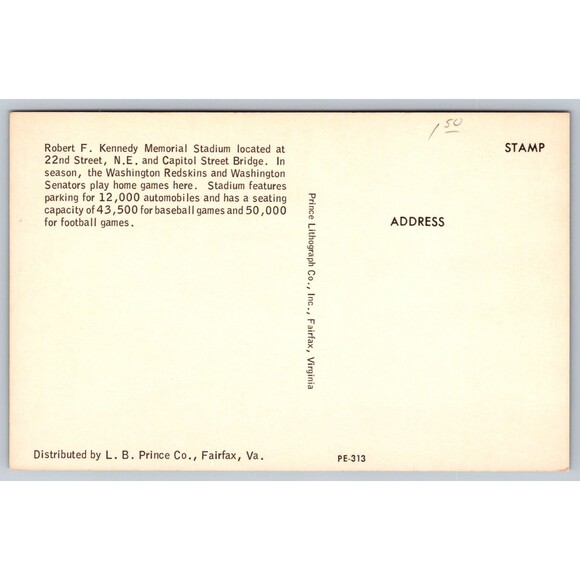 Postcard Washington Redskins and Senators Robert Kennedy Memorial Stadium c1960s - Picture 2 of 2